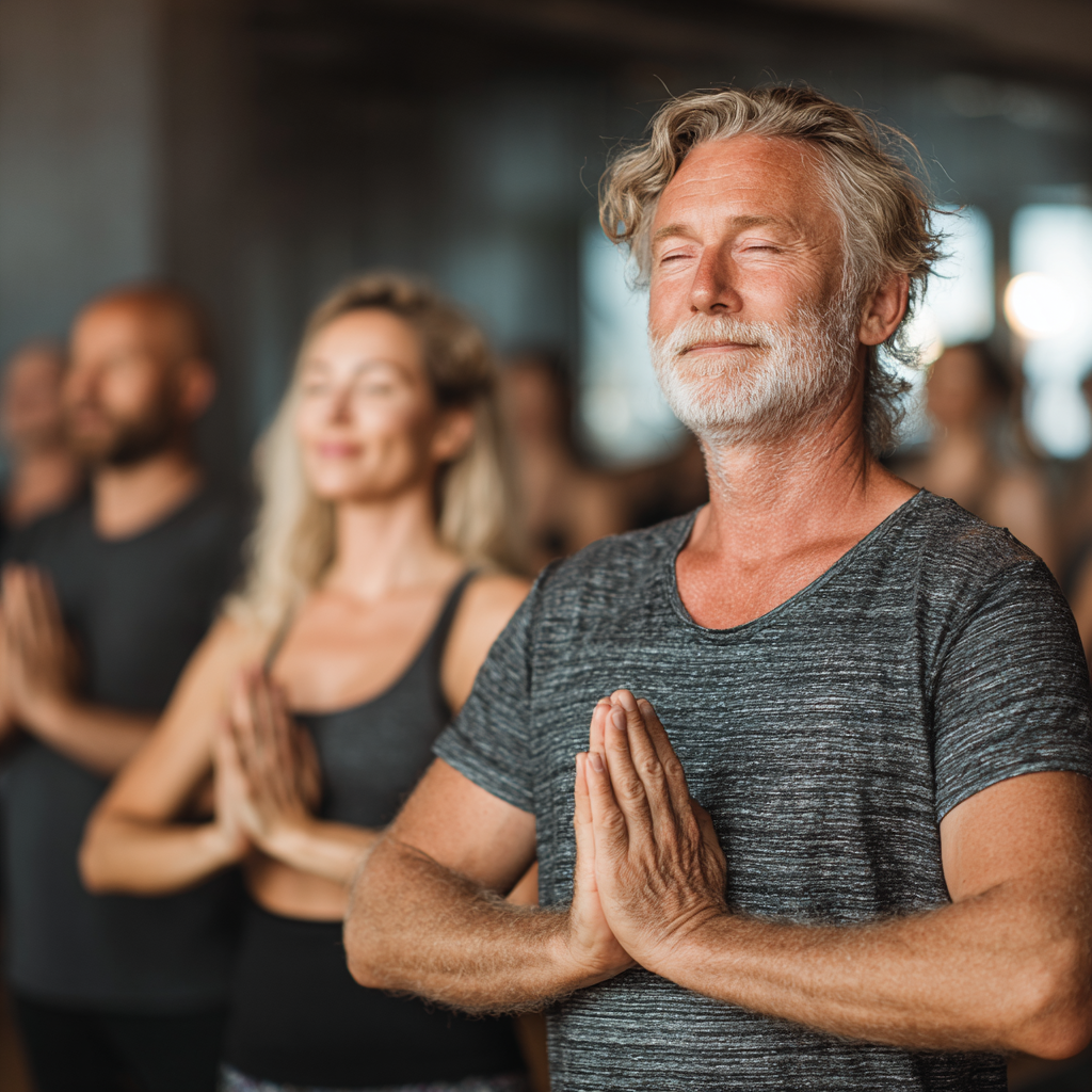 Group of mature adults aged 45-55 practicing yoga poses together in a bright studio, showing community and wellness focus with peaceful expressions