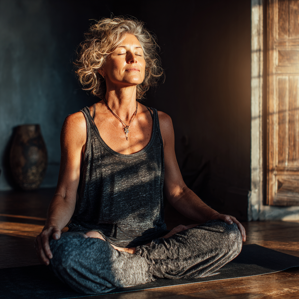 Peaceful middle-aged woman in yoga pose sitting cross-legged on mat with eyes closed in meditation, practicing mindfulness in bright natural light