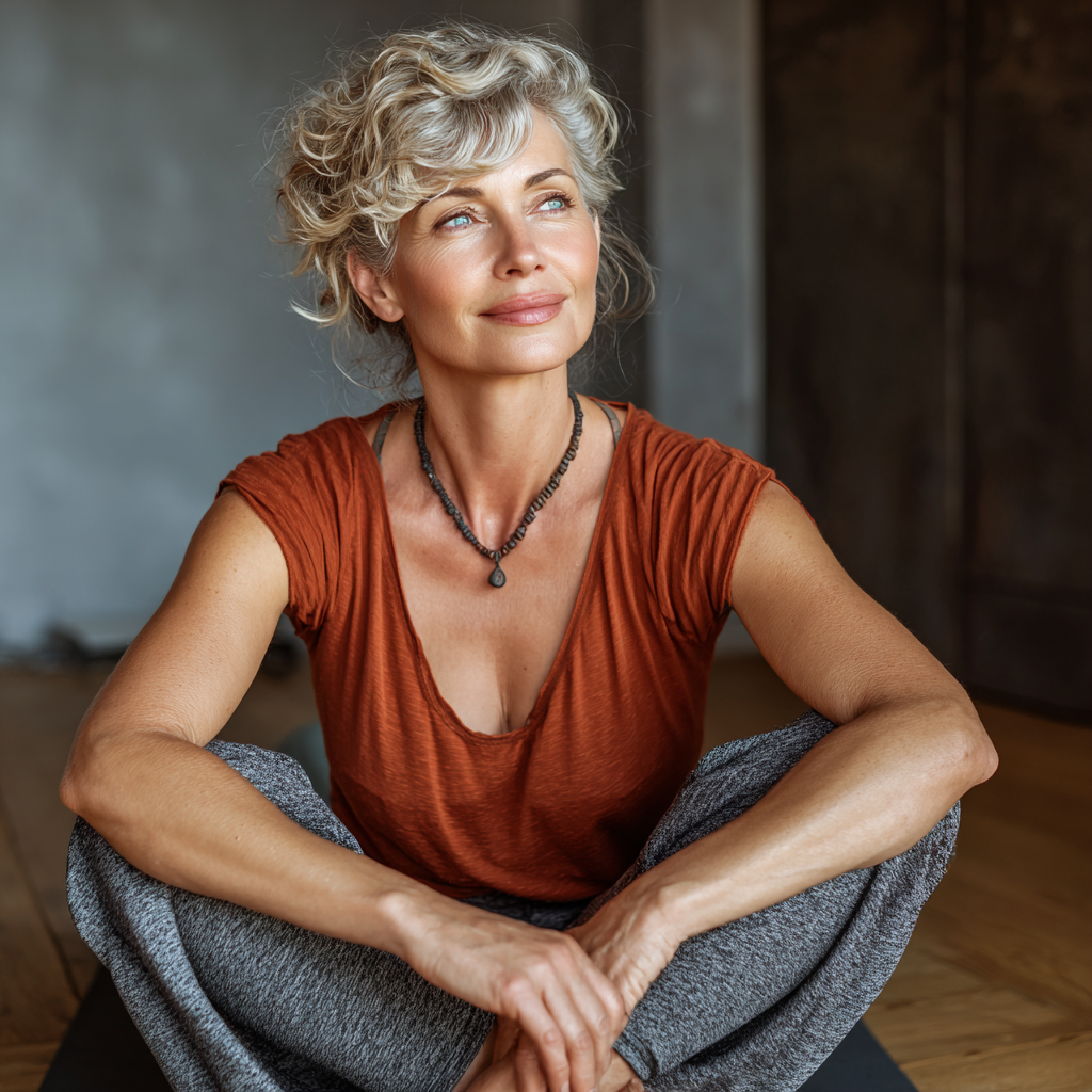 Serene middle-aged woman in comfortable yoga attire performing gentle stretching pose on yoga mat, representing mindful practice and personal growth